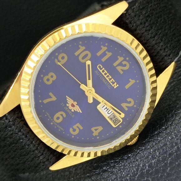 Vintage 1987 Citizen Automatic Mens Gold Watch W/daydate & Blue accents
